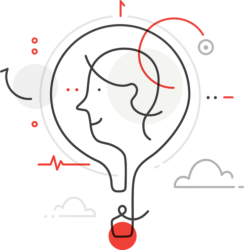 University Hospitals 2022 conference logo. A gray and red line drawing of a person's head mimicking the shape of a light bulb, or idea. Clouds are in the background.