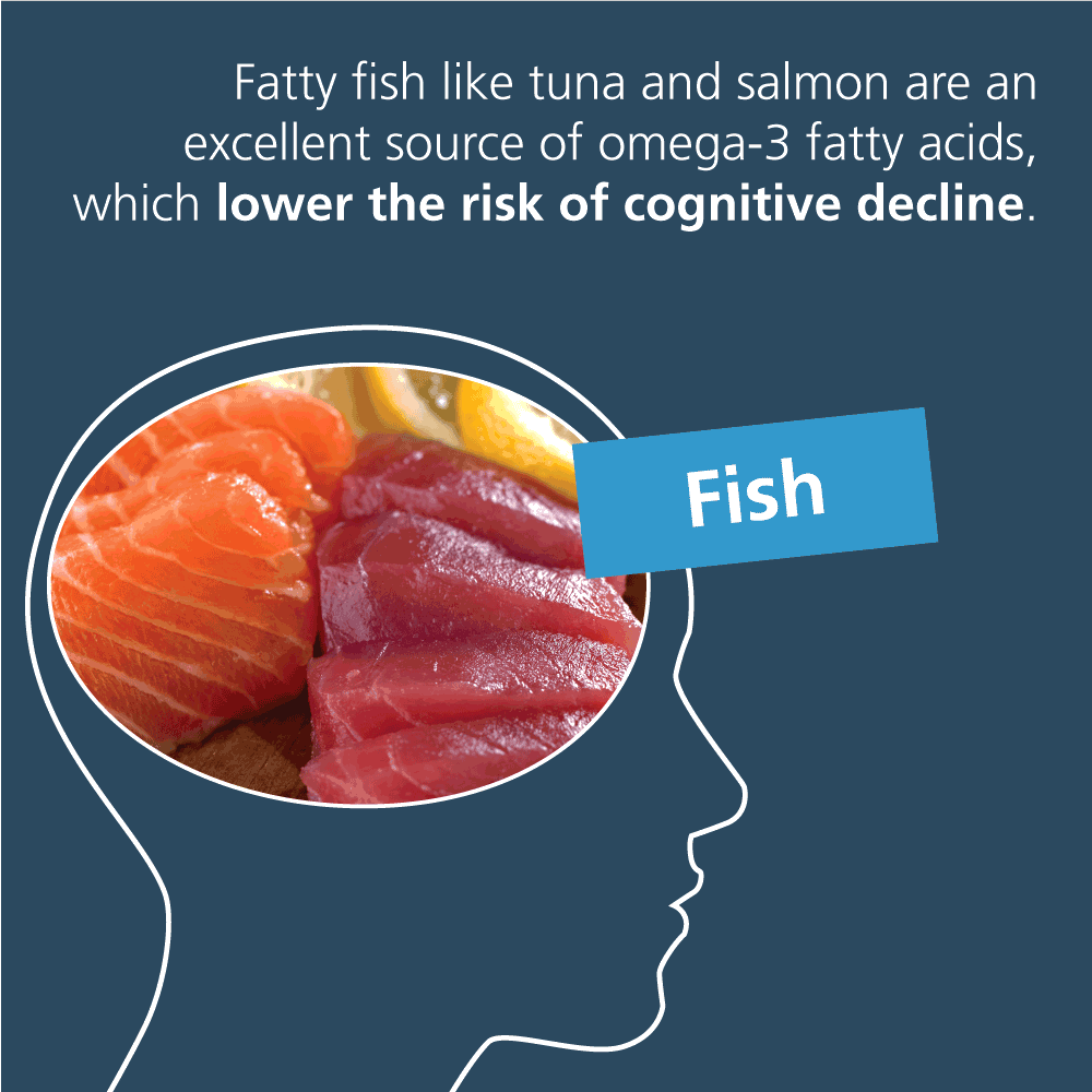 Fatty fish like tuna and salmon are an excellent source of omega-3 fatty acids, which lower the risk of cognitive decline.