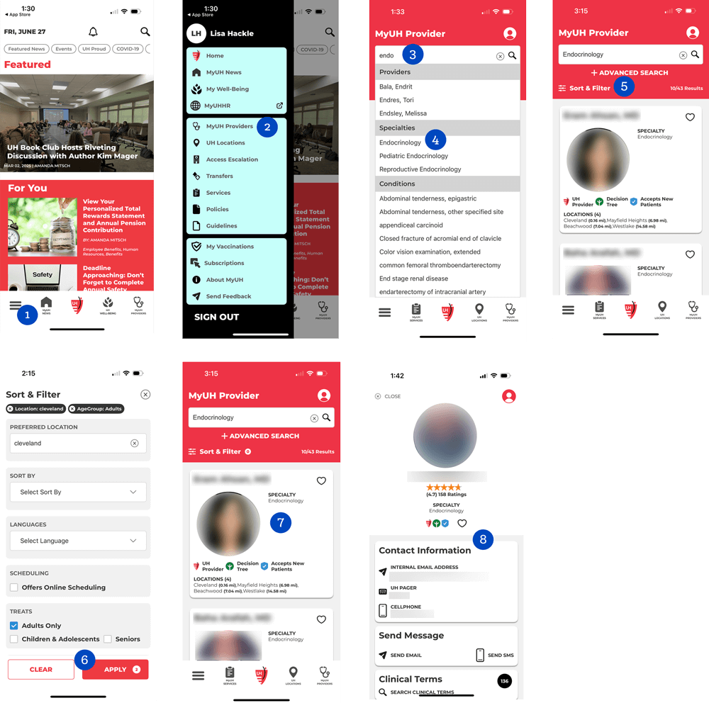 MyUH App walkthrough for finding a provider